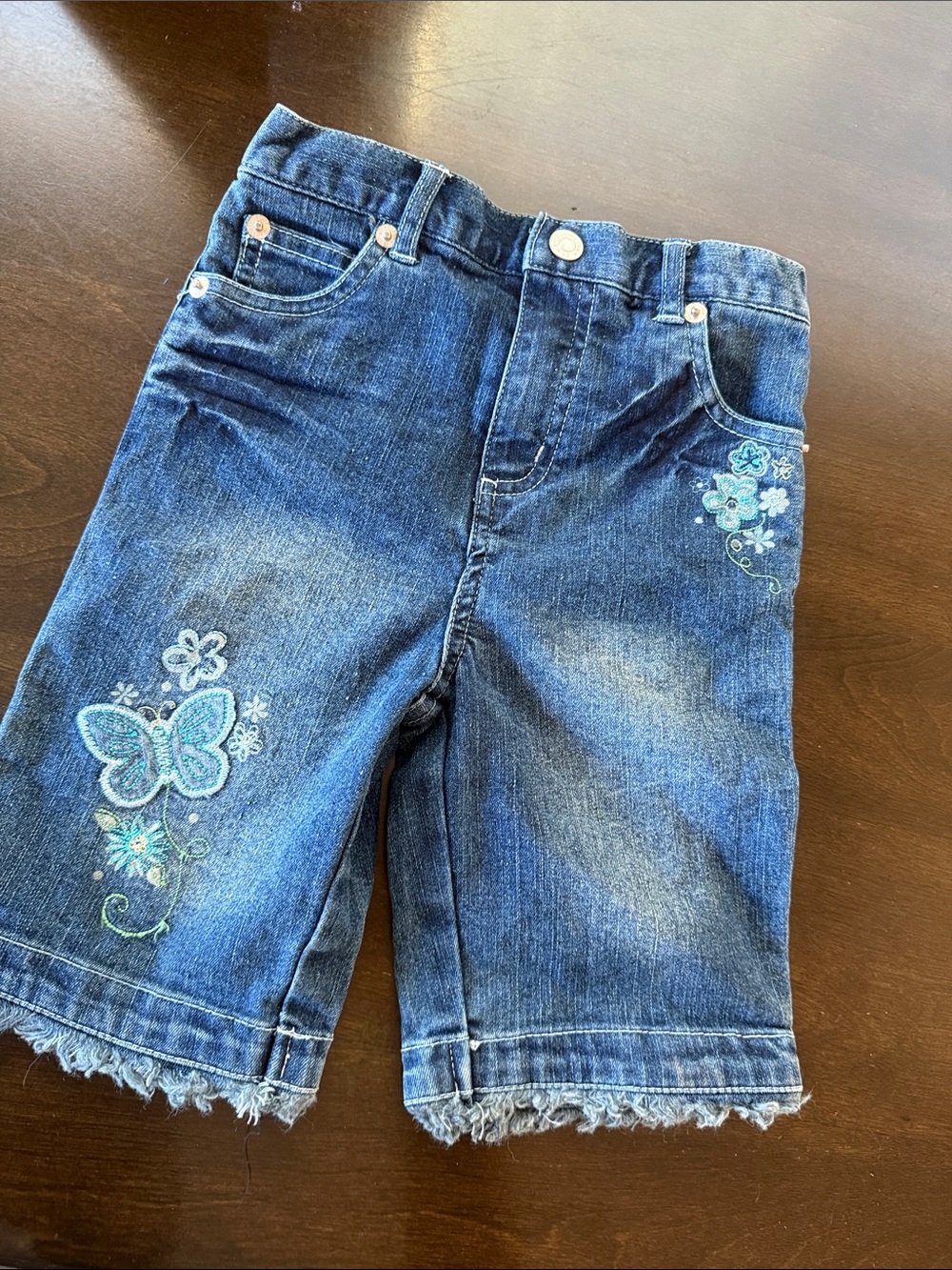 Arizona Jean Company Girls' Blue Denim Shorts with Butterfly & Floral Embroidery